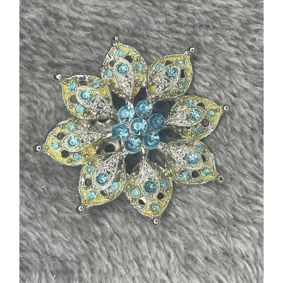 Aqua Blue Rhinestone Brooch Yellow/Green Accents Silver Tone 1.75" Round Pin - Picture 2 of 11